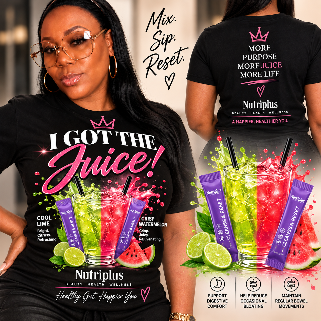 Nutriplus Cleanse & Reset flyer: Cool Lime and Crisp Watermelon sticks beside a split glass of lime and watermelon